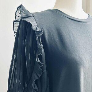 Anne Klein Black Stretch Knit Crewneck Top with Pleated Chiffon Sleeves – US L